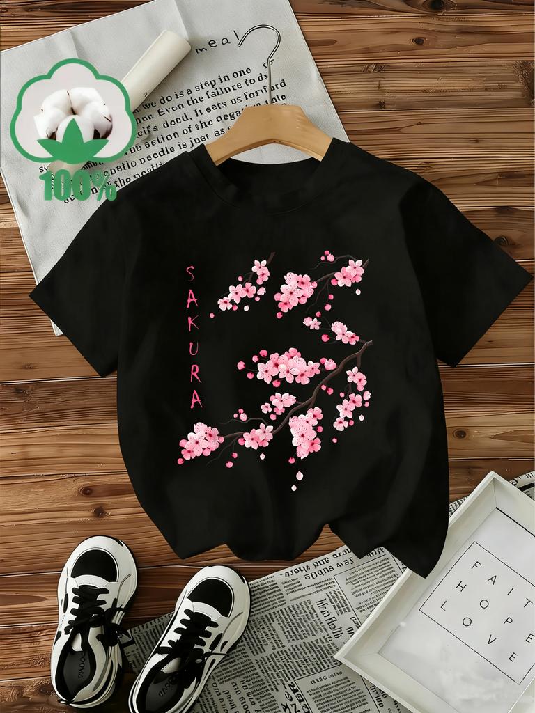 100% Baumwolle T-Shirt Floral Sakura Damen Y2k Stil T-Shirt Grafik Blumendruck Kurzarm Rundhals Oberteil Shirt Lässig