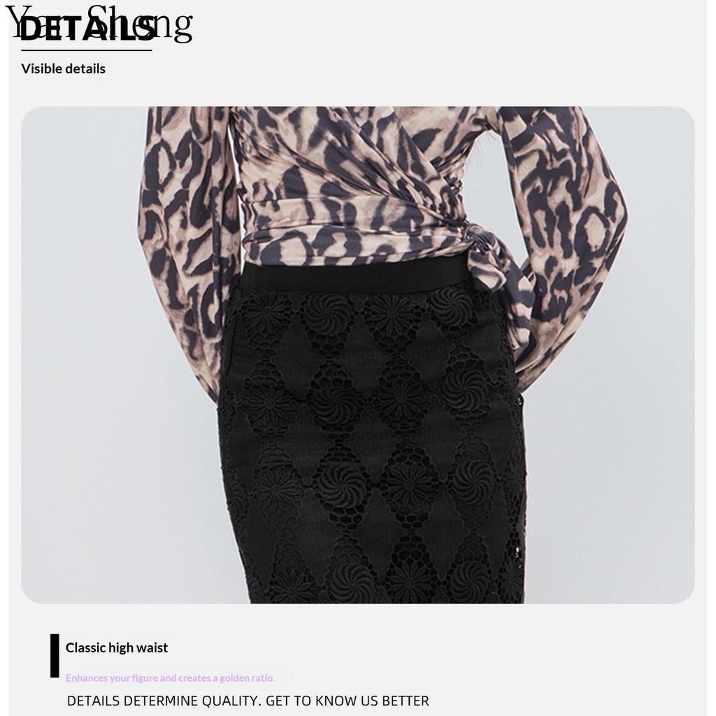 Rhinestone Skirt Women's Hollow High Waist Lace A- Line Half Skirt High-grade Black Knitted Mid-skirt