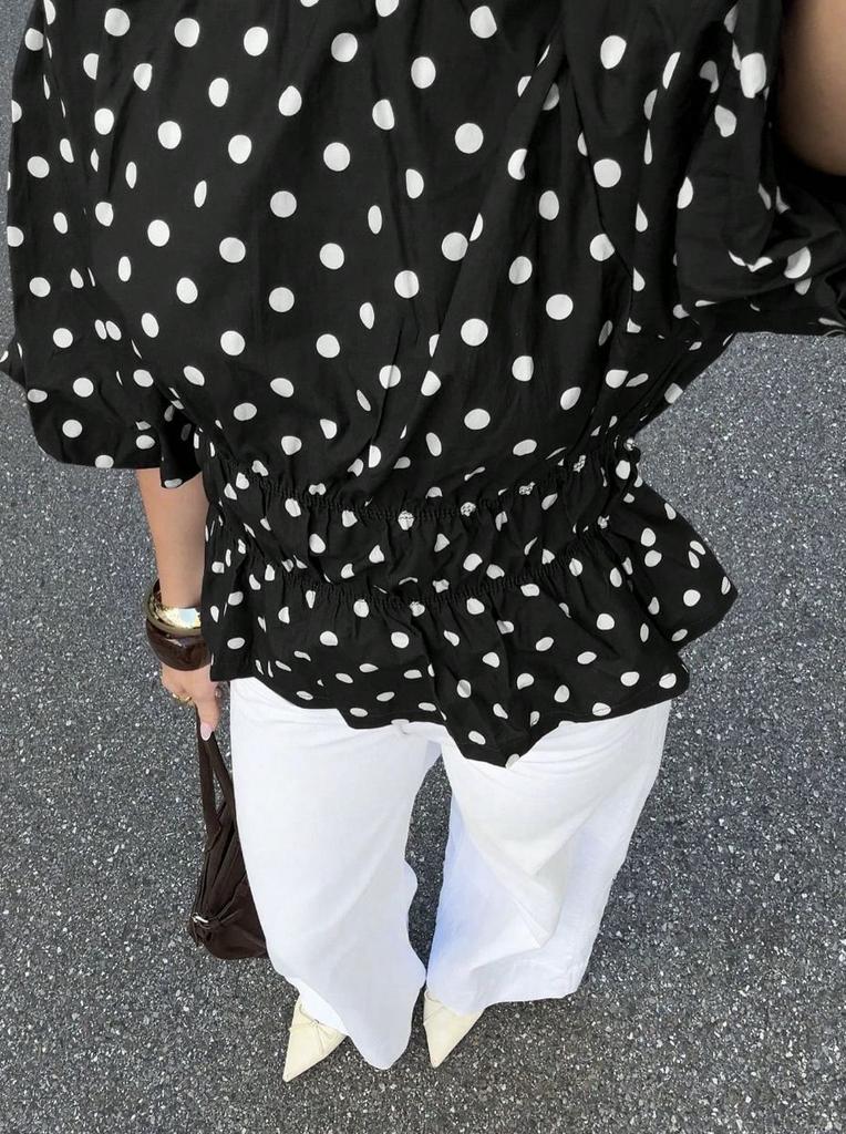 European and American new polka dot versatile French sweet top v-neck slim-fit commuting fashion short-sleeved thin shirt