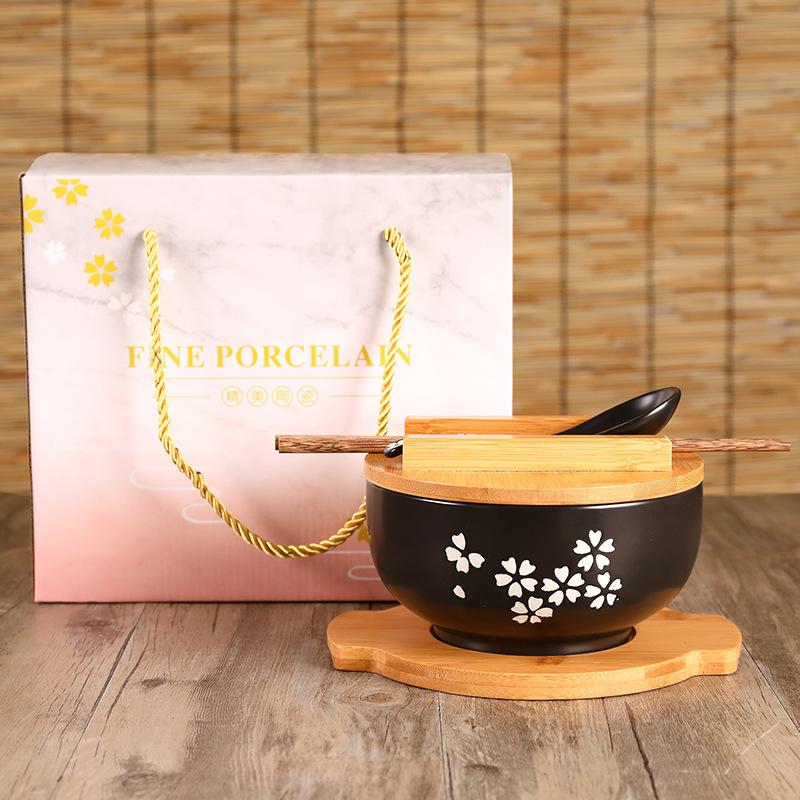 Ceramic Japanese Style Rice Noodle Bowl with Lid Spoon Chopstick Kitchen Tableware Salad Soup Bowl Food Kitchen Accessories Gift