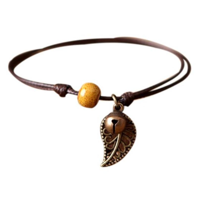 Vintage Nature-Inspired Ceramic Bead Bracelet with Leaf Pendant for Couples