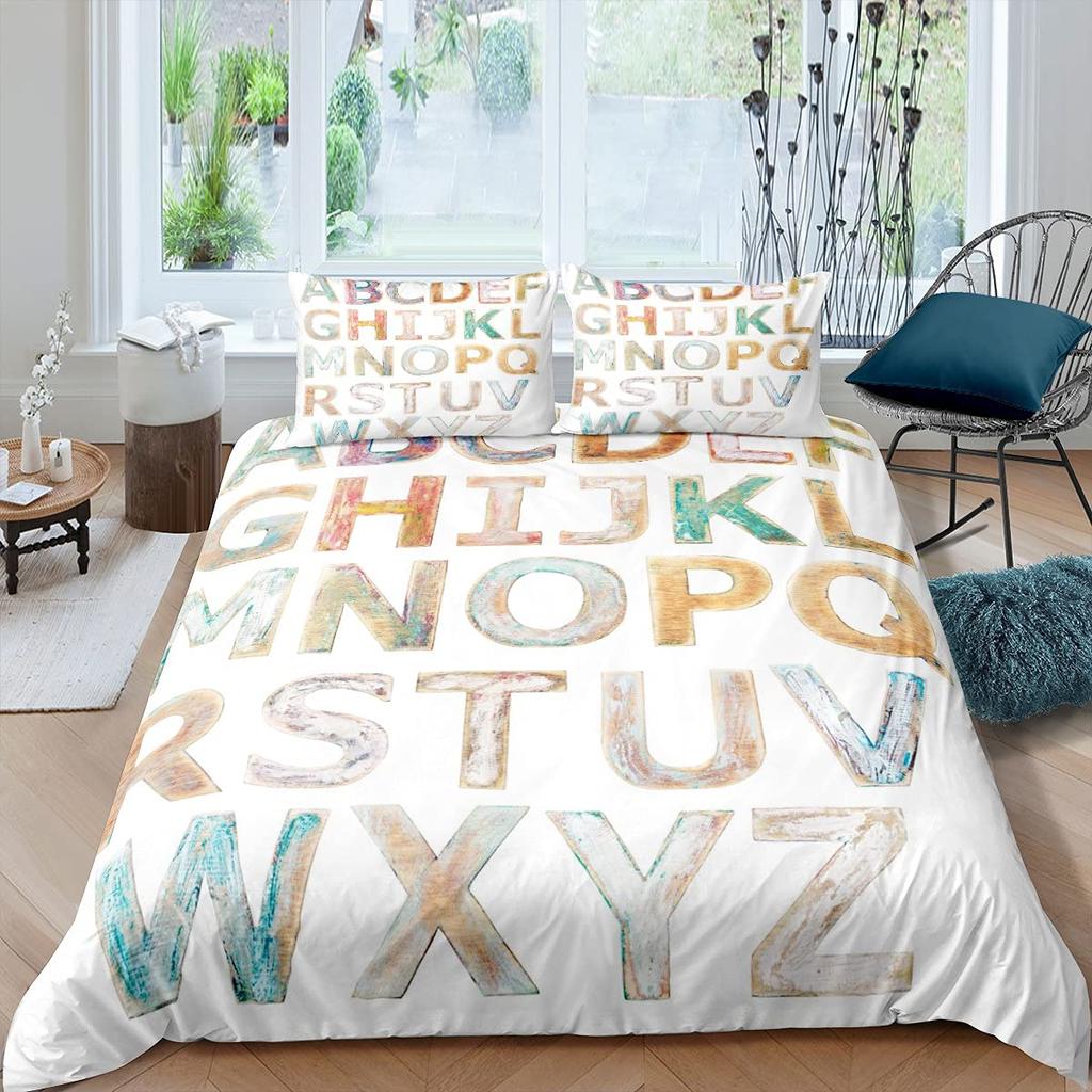 Kids Alphabet Duvet Cover Set Polyester Digital Pattern Bedding Twin Size Hand Painted Educational Quilt Cover