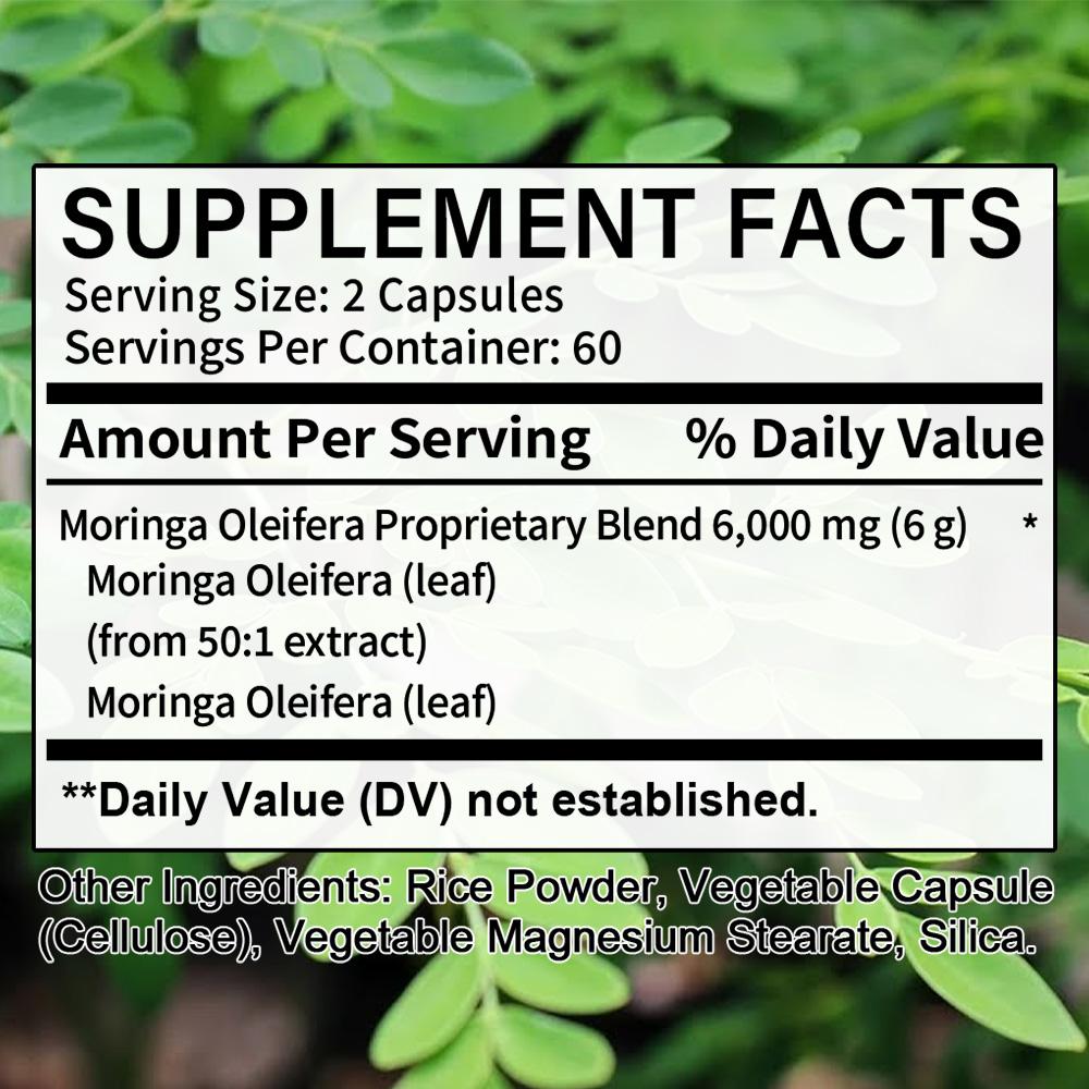 Moringa Oleifera Capsules 6000mg Per Serving, Leaf Extract Herbal Dietary Supplement, 120 Capsules