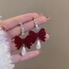 Fashion Velvet Wine Red Bowknot Earrings For Women Long Zircon Pearl Earring Wedding Party Jewelry Gift Aesthetic