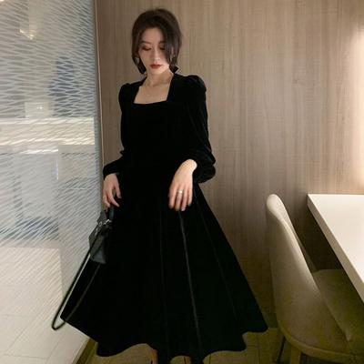 Spring Dress, Women's French Retro Long Dress, Elegant Long Sleeved Square Neck, Gold Velvet Small Black Dress