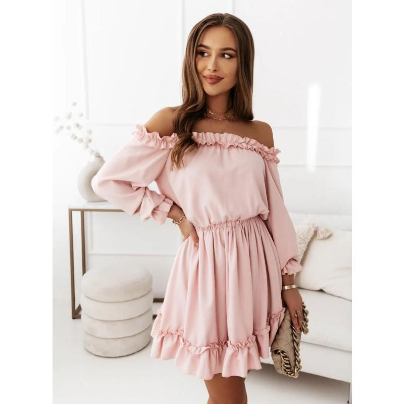JKASHDK Women's Fashion Spring Fall Solid Color Print Long Sleeve One Shoulder High Waist Casual Dresses