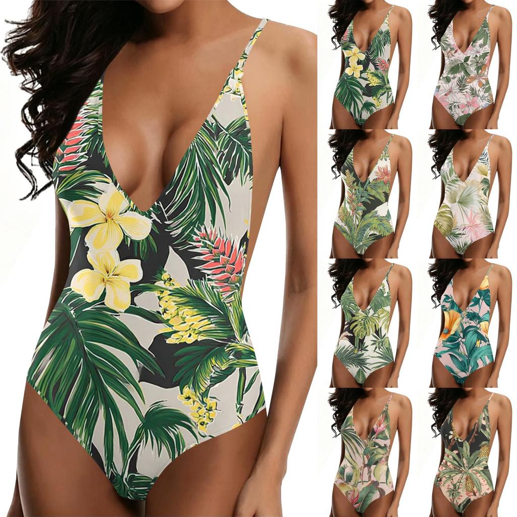 Women’s Printed Swimsuit Deep V Neck Backless Swimwear Tropical Leaf Pattern Athletic Bathing Suit