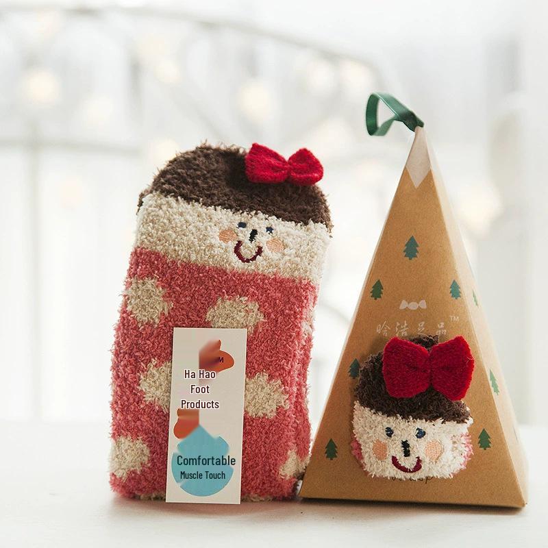 Japanese Christmas Cartoon Socks: Cozy Coral Fleece with 3D Embroidery for Women
