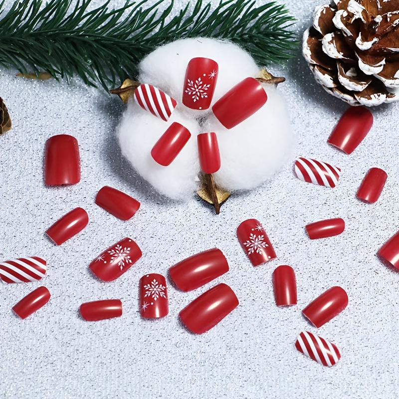 24pcs Glossy Medium Square Fake Nails, Christmas Press On Nails With Red White Stripe And Snowflake Design, Full Coverage False Nails For Women Girls