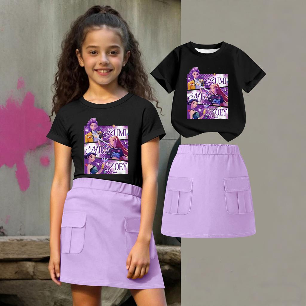 Kinder Sommer Sport T-Shirt und Röcke 2-teiliges Outfit Trainingsanzug Set Kurzarm Print Crop Tops mit Kleiderset