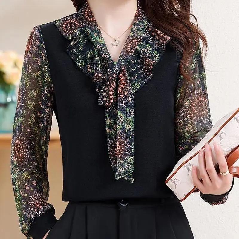 Autumn Winter Fashionable Elegant Shirt Women Flowing Collar Loose Long Sleeve Patchwork Casual Office Lady