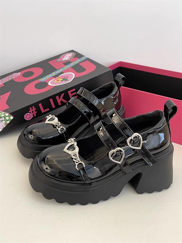 Spring 2025 Dark Style Mary Jane Shoes: Sweet Heart Design, Thick Soles, Height-Increasing, Leather.