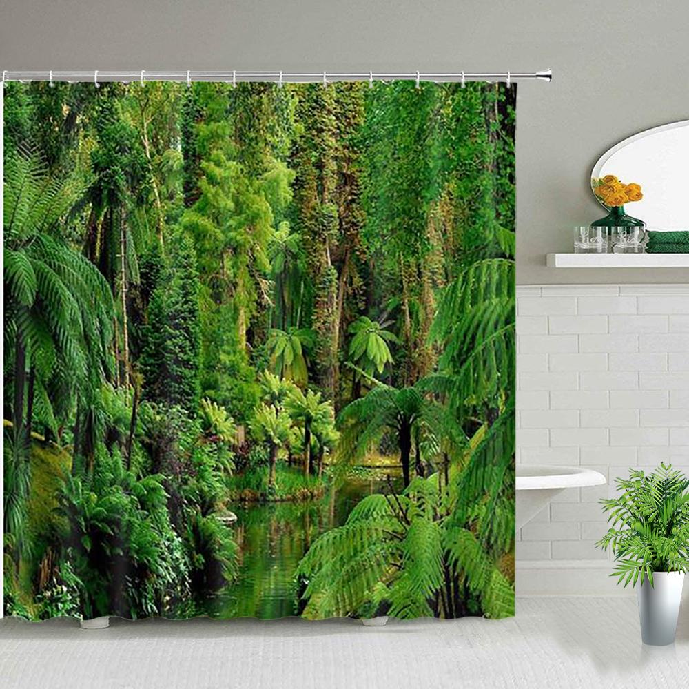 Forest Landscape Shower Curtains Green Tropical Plant Palm Tree Flower Leaves Garden Natural Scenery Bathroom Decor Bath Curtain