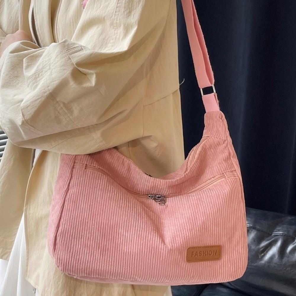 New Large Capacity Corduroy Tote Bag Multi-pocket Adjustable Strap Shoulder Bag Solid Color Crossbody Bag Travel Use