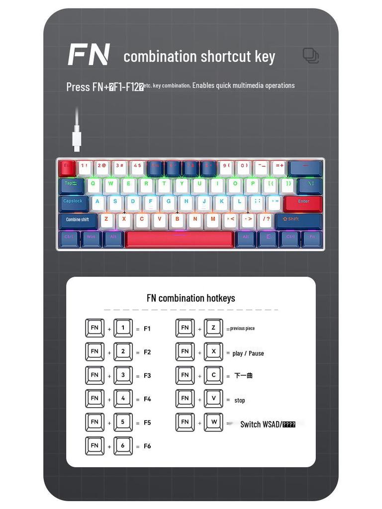 T-WOLF T60 61-Key Hot-Swappable Mechanical Gaming Keyboard with Mixed-Light and Two-Tone Blue Switch (Russian)