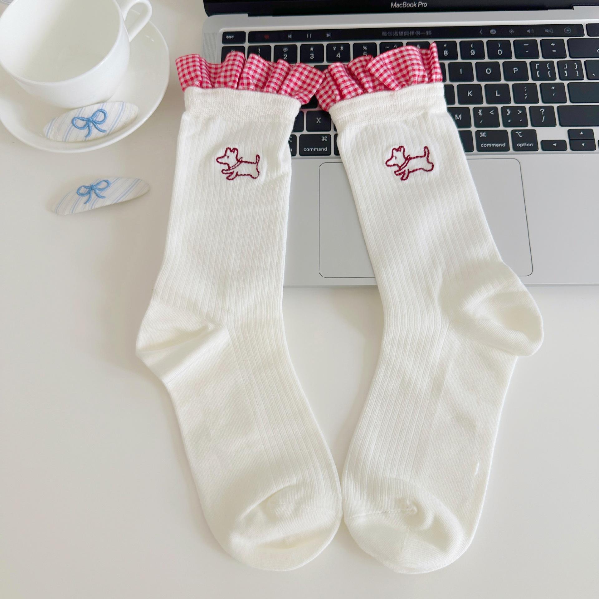 

Women s Autumn and Winter Trend Clash Color Check Pattern Lace Cute Cartoon Embroidery Tube Stack Socks 1 pair