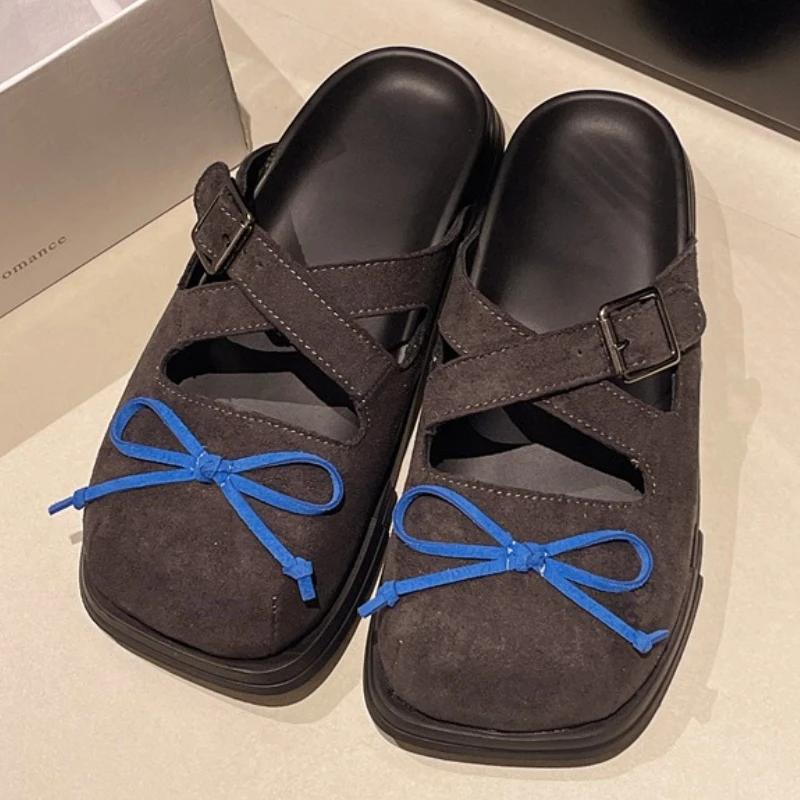 Zapatillas Planas de Moda con Lazo para Mujer Mules de Diseñador Zapatos Sandalias Cuadradas para Mujer 2025 Chanclas para Caminar Chanclas de Verano para Caminar Zapatos de Mujer