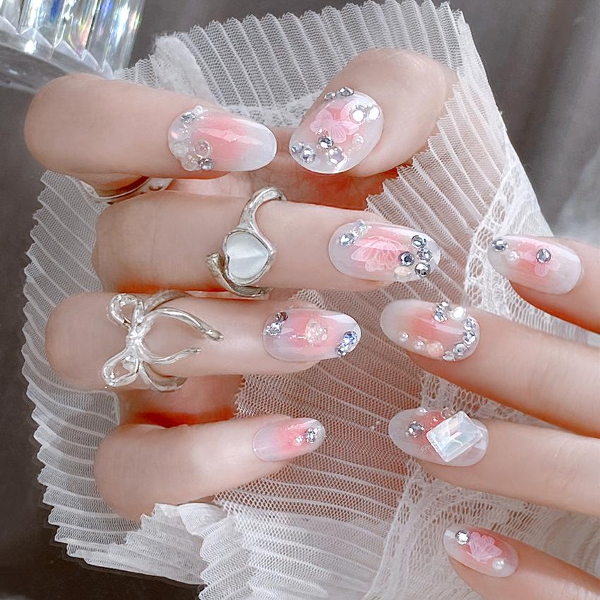 Medium Coffin Press On Nails with Rhinestones Designs Reusable Full Cover Glue On Fake Nails Press Ons Artificial False Nails Stick On Nails for Women