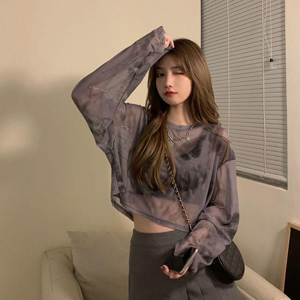 Sheer Mesh Sun Proof Shirt Tie Dye Sheer Long Sleeve Trendy Mesh Sun Protection Top  Beach Cover Up