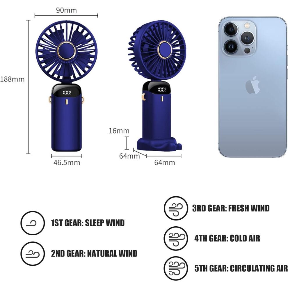 Ventilatore Portatile Jsdoin - Ricaricabile tramite USB, 5 Velocità, Batteria da 5000mAh, Griglia Staccabile, Pieghevole a 90°, Uso al Collo o sulla Scrivania