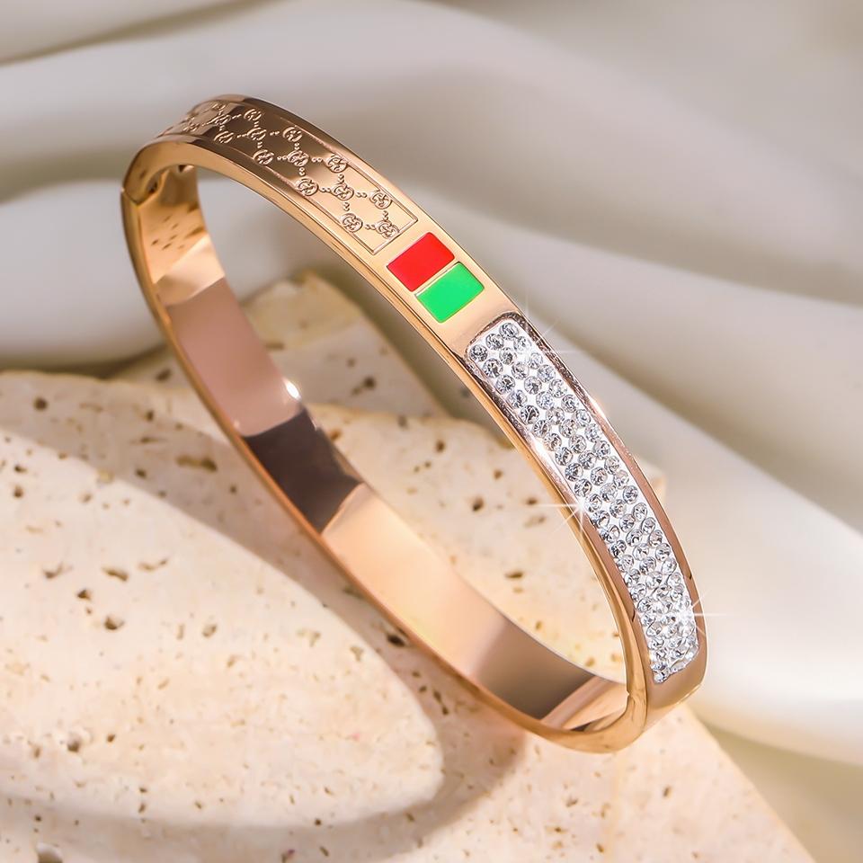 

Htpwe Браслет из нержавеющей стали красного и зеленого цвета с цирконием, капающим маслом, женский, с покрытием 18 карат, парный, праздничный подарок, браслет для вечеринки с цирконием розового золота