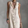 Women's Summer Cotton Linen Shirt Dress Sleeveless Button Down Hooded Maxi Dress Casual Tunic Beach Sundress