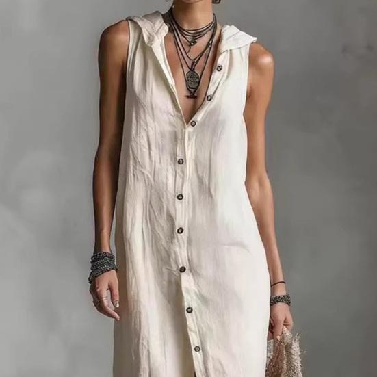 Women's Summer Cotton Linen Shirt Dress Sleeveless Button Down Hooded Maxi Dress Casual Tunic Beach Sundress