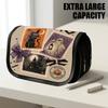1pc Portable Flip-Top Halloween Themed Pencil Case with Double-Layer Zipper, Halloween Postage Ghost Cat House Design, Large Capacity Thickened Oxford