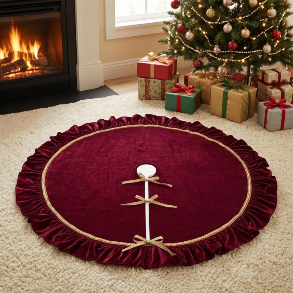 Christmas Tree Skirt with Gold Trim Ruched for Living Room, Hotel Lobby