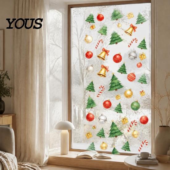 No Residue Window Cling Christmas Static Cling, Xmas Tree Snowman Santa Hat Bell Glass Sticker, Removable Reusable Decoration Decal for Holiday Party