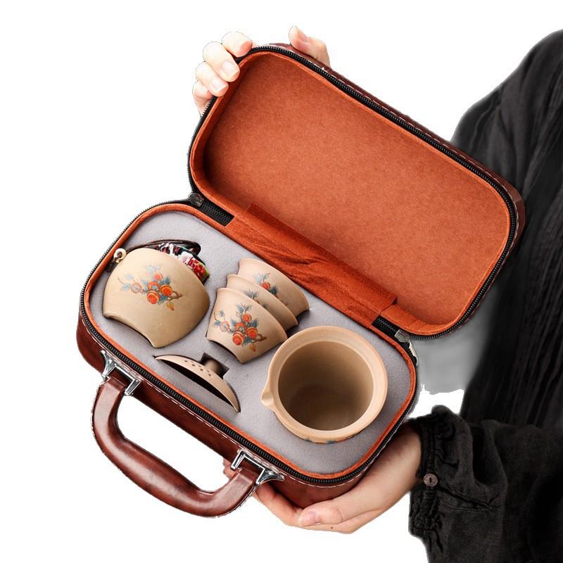 Dehua coarse pottery tea set outdoor travel tea set Kuaike cup brewing teapot small set portable and simple printing
