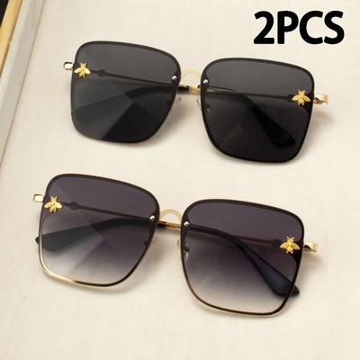 2PCS Latest Stylish Lady Oversize Rimless Square Bee Sunglasses Female Male Compact Eyeglasses Gradient Sun Eyeglasses Women UV400