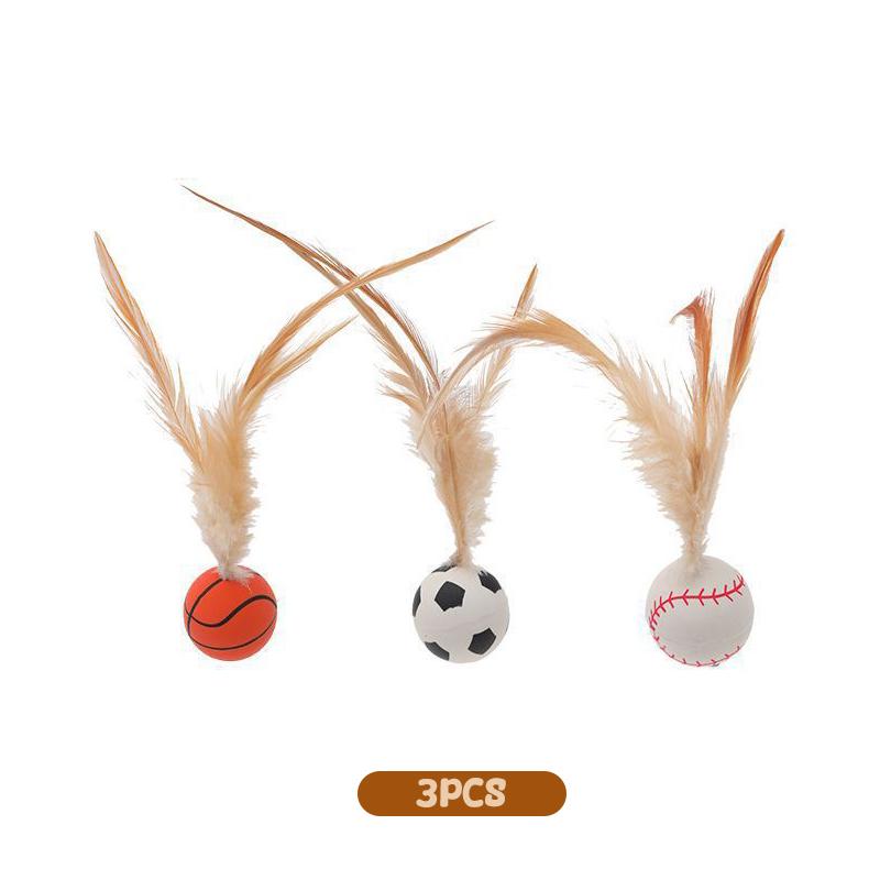 3Pcs Cat Feather Ball Toys Indoor Cats Bouncy Balls Toys Mini Basketball Football Baseball Cats Toys Pet Interactive Toys