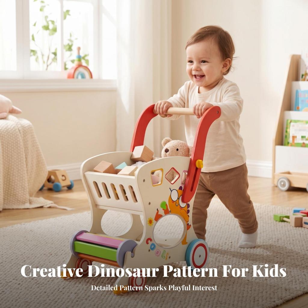 Wooden Infant Pusher Cart Cutout Openings Push Stacking Rings Play for Young