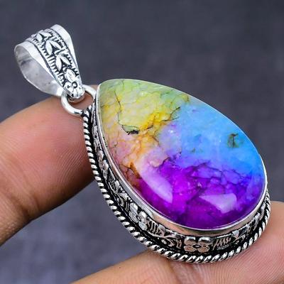 Natural Rainbow Solar Quartz Gemstone 925 Steling Silver Pendant 2.09" K3m12