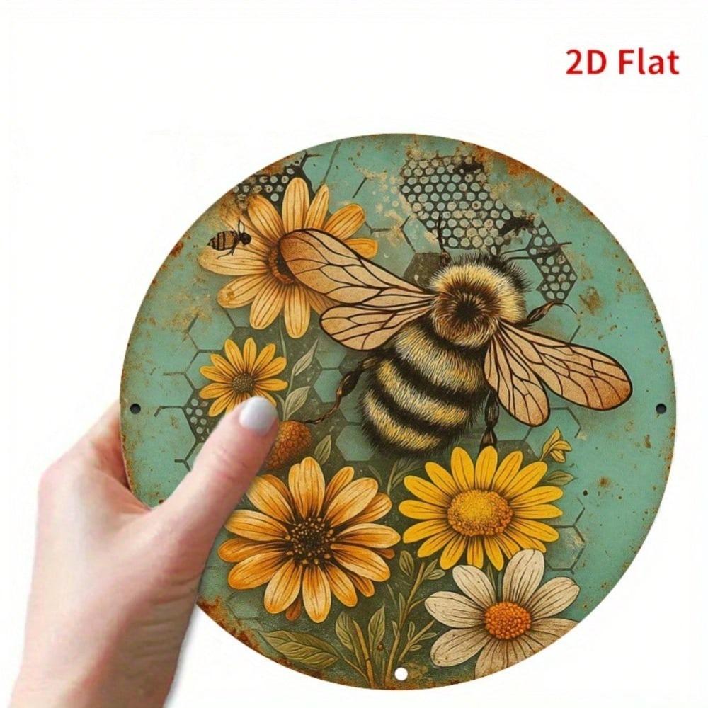 Rustic Bee Floral Round Metal Wall Art Vintage Green Distressed Honeycomb Decor
