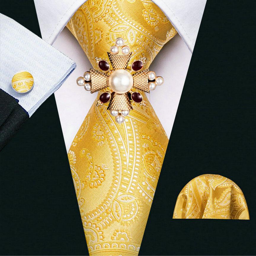 16 stiluri de cravată pentru bărbați, cu țesătură cachetadă, cu broșă de perle, set de butoni pentru nuntă