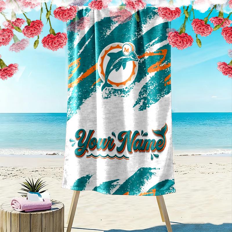 Name Custom Miami Dolphins Print Beach Towel, Large Soft Quick Dry Towel for Beach Camping Swimming
