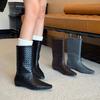 Cowhide version~ Fashion square head woven wide tube wedge short boots women's versatile medium boots French retro thin women's boots