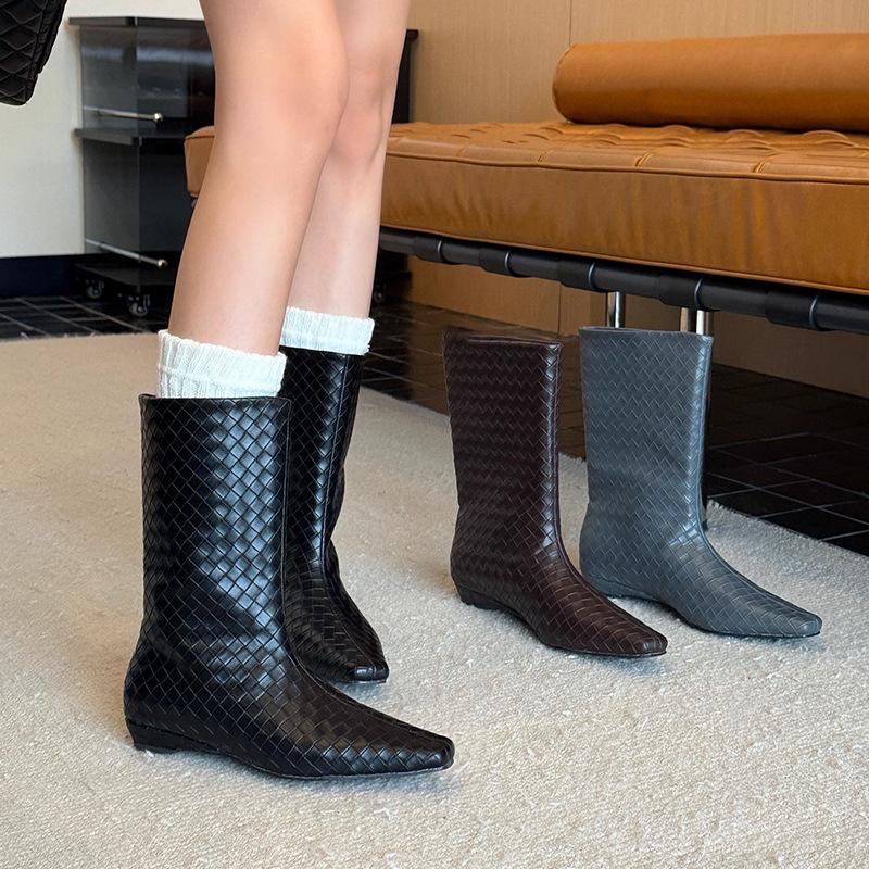 Cowhide version~ Fashion square head woven wide tube wedge short boots women's versatile medium boots French retro thin women's boots
