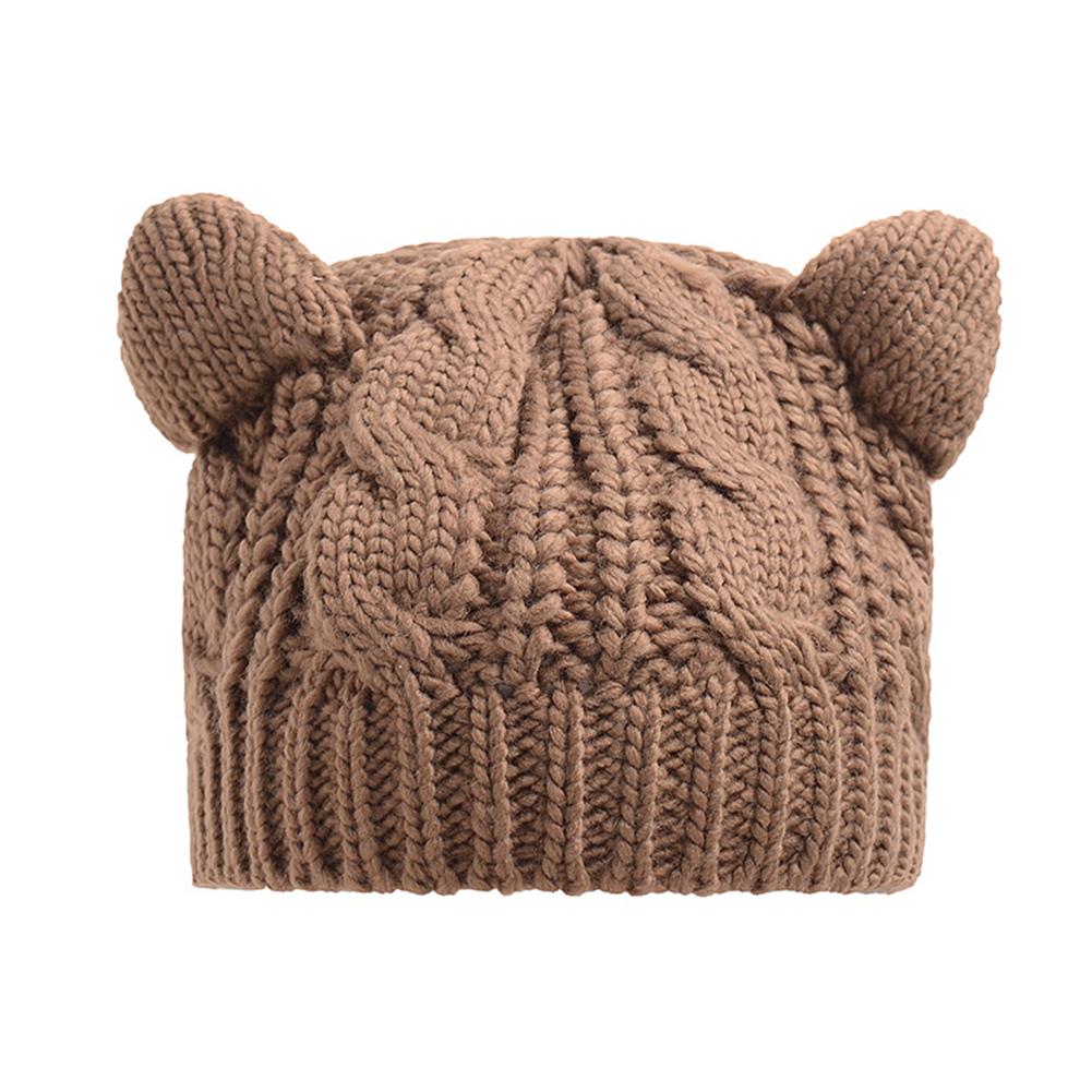 Women Knitted Hats Autumn Winter Trendy Solid Color Cute Cat Ears Cable Knit Beanie Hats