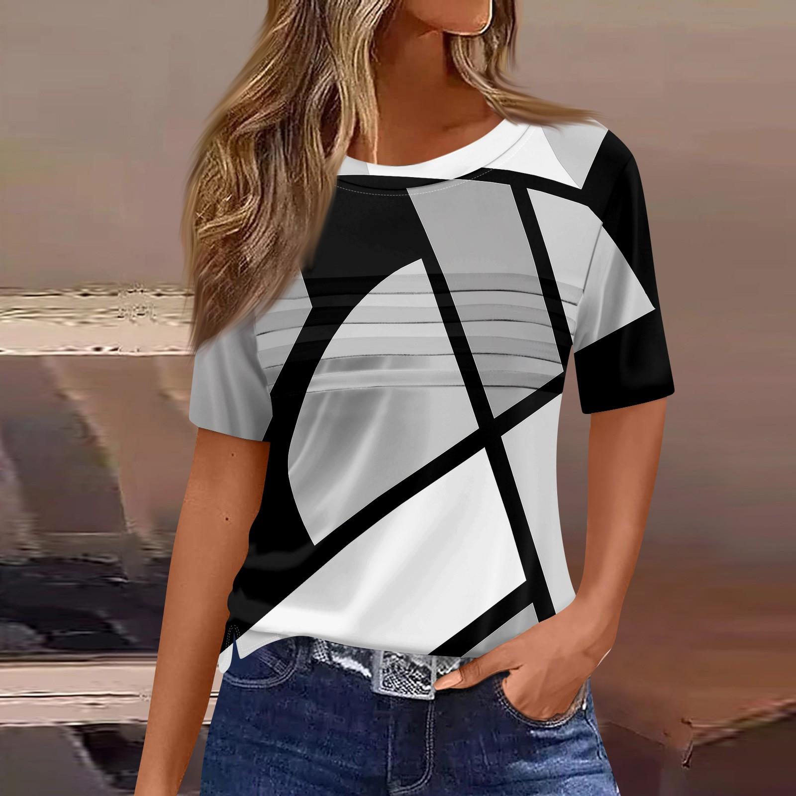 

Футболки для женщин, плиссированные, с круглым вырезом, нарядные, повседневные, блузки с принтом, с коротким рукавом, летние топы, свободный крой L чёрный