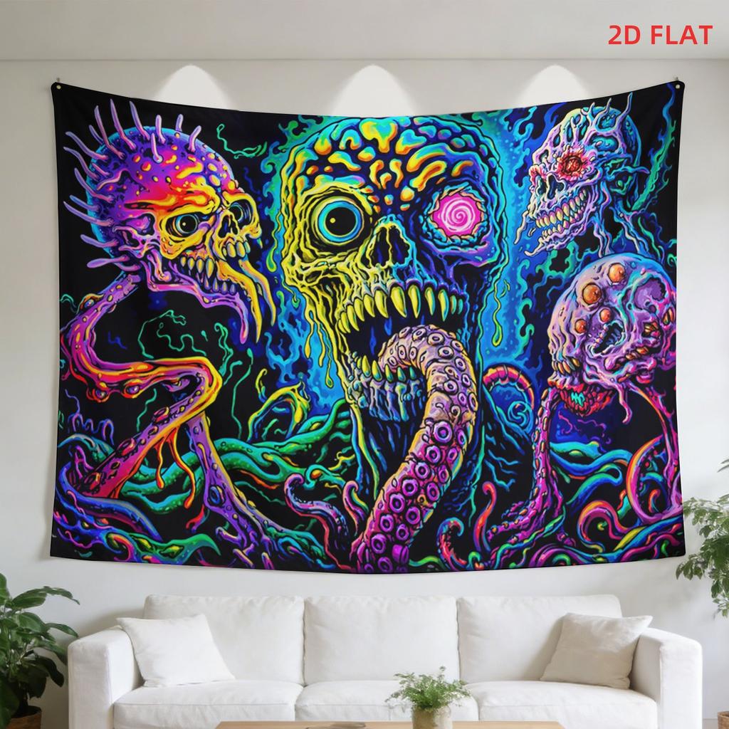 Psychedelic Skull Tapestry Wall Hanging Gothic Horror Art Decor Lovecraftian Style Neon Vibrant Halloween Room Decor Tapestry