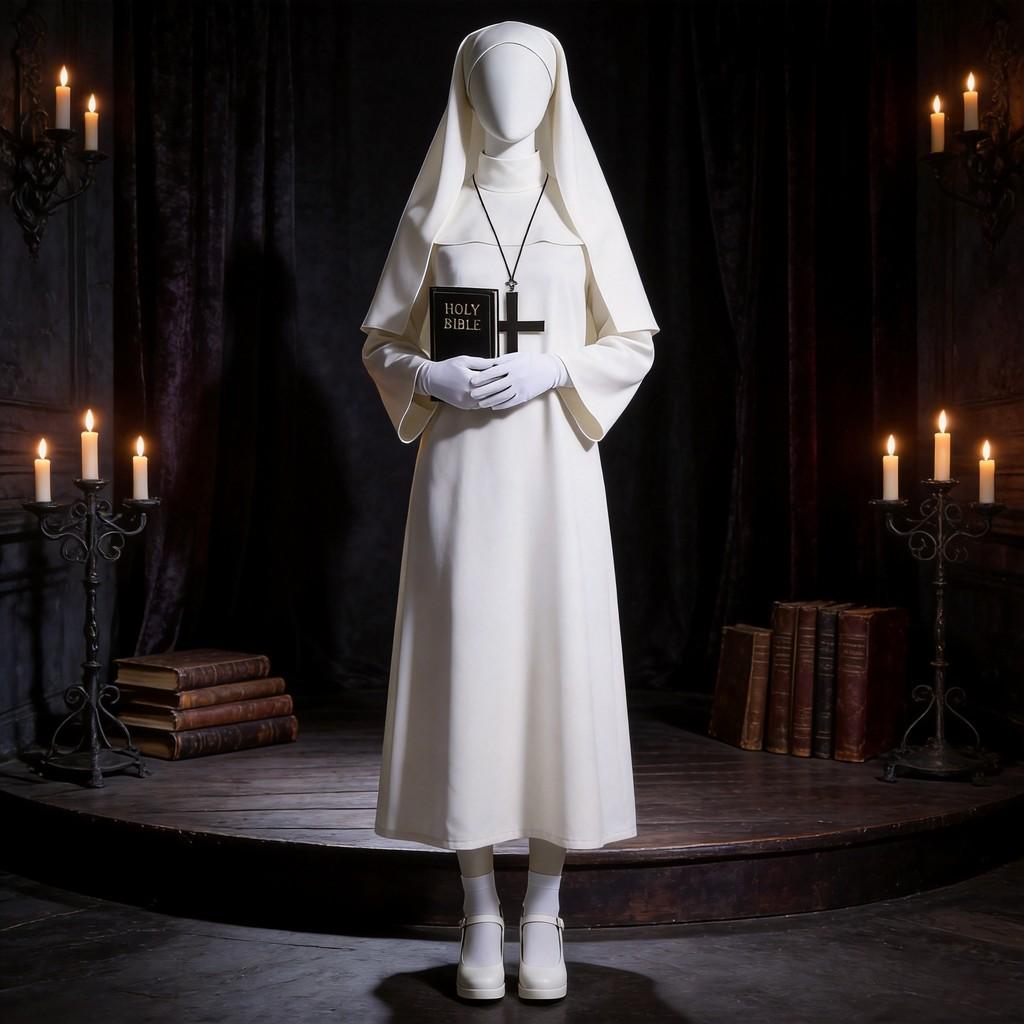 Costume da Suora Cosplay di Halloween in Tessuto Poliestere per Role Play Fantasy