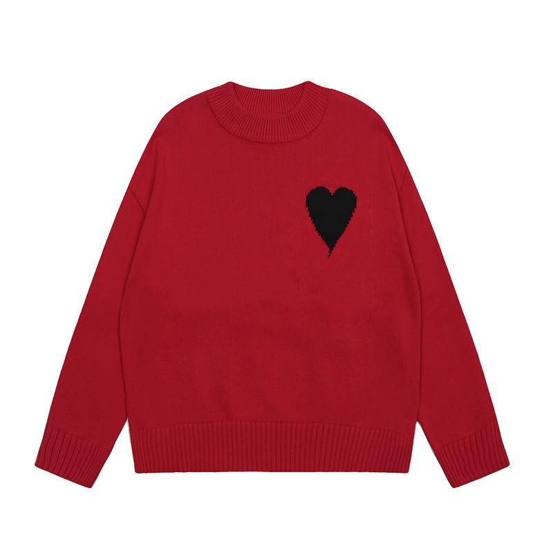 Unisex Knit Sweater With Embroidered Heart Motif Crew Neck Loose Fit Cotton Blend Casual Workwear Style