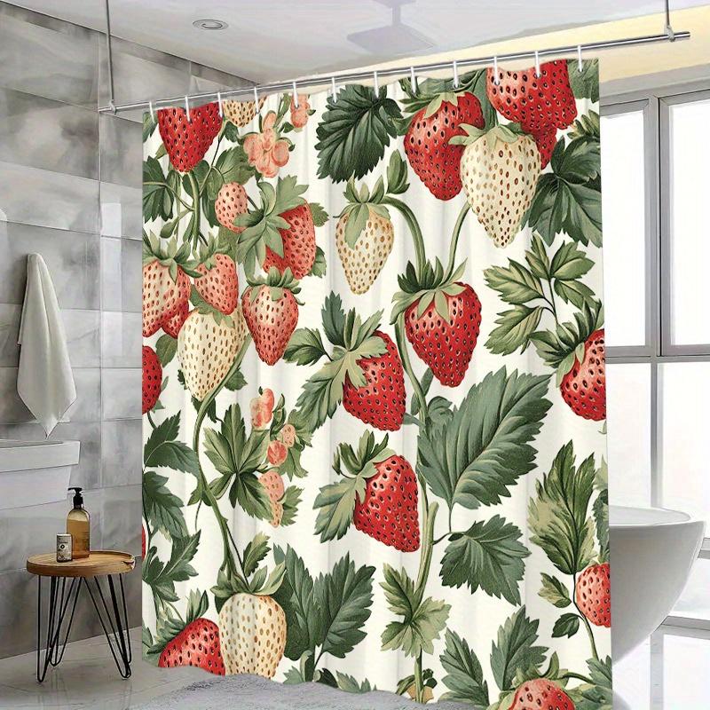 Strawberry & Leaf Curtain - Watercolor Design, Polyester, 12 Hooks, 70In, Easy to Clean, Fresh Bath Decor