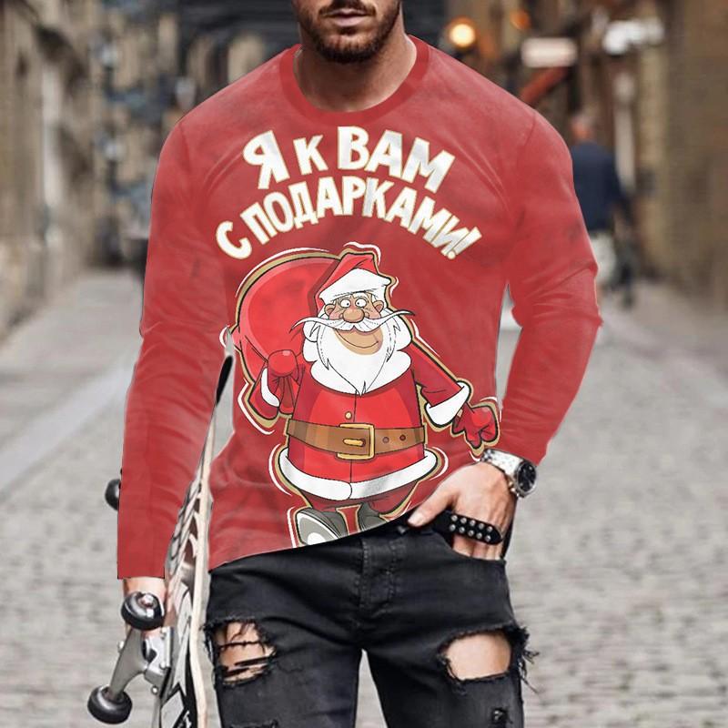 Round Neck 3D Christmas Printed Top Casual Long Sleeved Men's T-shirts - Soft Medium Stretch Polyester Fabric Spring and Autumn Relaxed Fit Clothing
