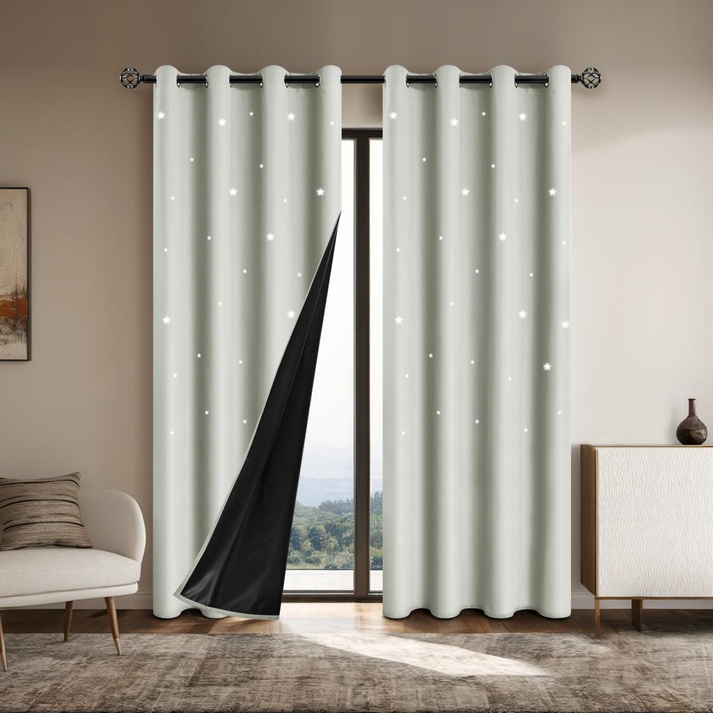 1pc Romantic Hollow Star Blackout Drape Panels, Full Light Blocking Textured Window Curtains for Bedroom, Living Room