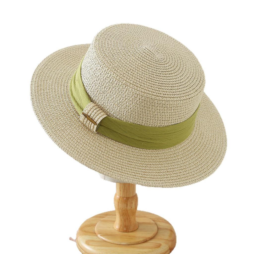 Japanese and Korean top hat Flat top straw hat Women's high-end straw hat, sun protection sun hat Holiday straw hat Seaside beach hat