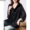 MODIQUE Spring Summer Plus Size New Women Loose Black Vintage Solid Blouse Shirts Female Casual Oversize Long Sleeve V-Neck Top